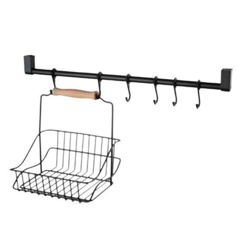 Livensense | Livensense® Retro Ferforje Askılı Siyah  Ahşap Kulplu Düzenleyici Mutfak Sepeti